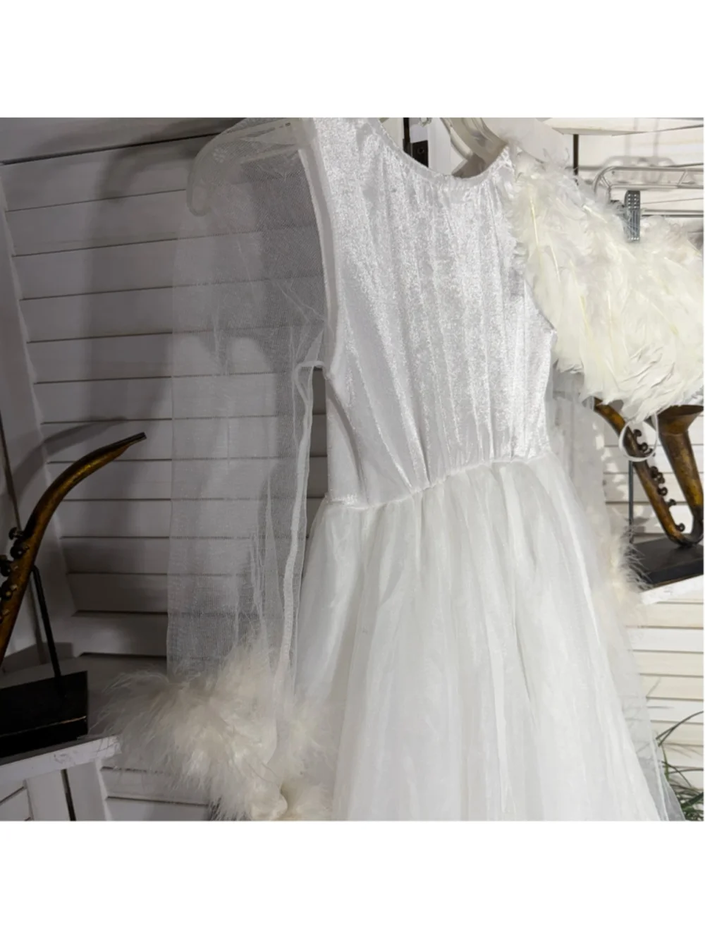 Feathered angel dress & wings Halloween costume white ivory lace feathers sz M